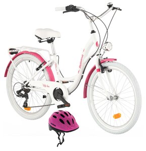 Rower młodzieżowy INDIANA Moena 24 cale dla dziewczynki Biało-różowy + Kask rowerowy VÖGEL VKA-920G Różowy dla Dzieci (rozmiar XS)