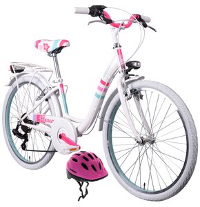 Rower młodzieżowy MBM Fleur 24 cali dla dziewczynki Biały + Kask rowerowy VÖGEL VKA-920G Różowy dla Dzieci (rozmiar XS)