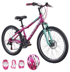 Rower młodzieżowy INDIANA Roxy Jr 24 cale dla dziewczynki Różowo-miętowy + Kask rowerowy VÖGEL VOK-450S Różowy dla dzieci (Rozmiar S) + Zestaw ochraniaczy