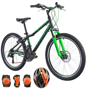 Rower młodzieżowy INDIANA Rock Jr 24 cale dla chłopca Czarno-zielony + Kask rowerowy VÖGEL VOK-450S Czarny dla dzieci (Rozmiar S) + Zestaw ochraniaczy