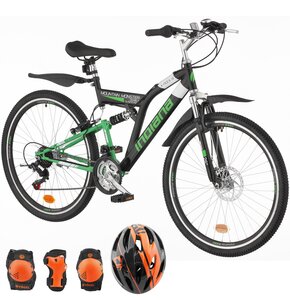 Rower młodzieżowy INDIANA X-Rock 1.6 26 cali dla chłopca Czarno-zielony + Kask rowerowy VÖGEL VOK-450S Czarny dla dzieci (Rozmiar S) + Zestaw ochraniaczy