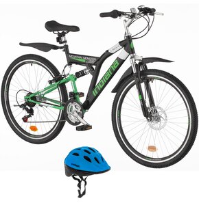 Rower młodzieżowy INDIANA X-Rock 1.6 26 cali dla chłopca Czarno-zielony + Kask rowerowy VÖGEL VKA-920B Niebieski dla Dzieci (rozmiar XS)