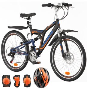 Rower młodzieżowy INDIANA X-Rock 1.4 24 cale dla chłopca Czarno-niebieski + Kask rowerowy VÖGEL VOK-450S Czarny dla dzieci (Rozmiar S) + Zestaw ochraniaczy