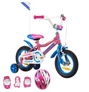 Rower dziecięcy INDIANA Roxy Kid 12 cali Różowy + Kask rowerowy VÖGEL VOK-450S Różowy (Rozmiar S) + Zestaw ochraniaczy