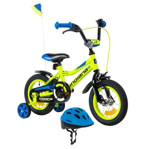 Rower dziecięcy INDIANA Rock Kid 12 cali dla chłopca Limonkowy + Kask rowerowy VÖGEL VKA-920B Niebieski dla Dzieci (rozmiar XS)