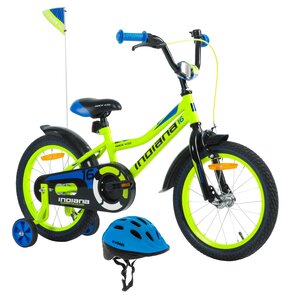 Rower dziecięcy INDIANA Rock Kid 16 cali dla chłopca Limonkowy + Kask rowerowy VÖGEL VKA-920B Niebieski dla Dzieci (rozmiar XS)