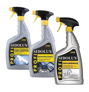 Płyn do czyszczenia szyb SIDOLUX Profi + Płyn odtłuszczający SIDOLUX Profi + Odkamieniacz SIDOLUX Profi 3 x 750 ml