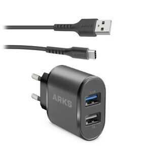 Ładowarka sieciowa ARKS ARTR2USB21AFAST 10W Czarny + Kabel USB - USB Typ C ARKS 3 m Czarny