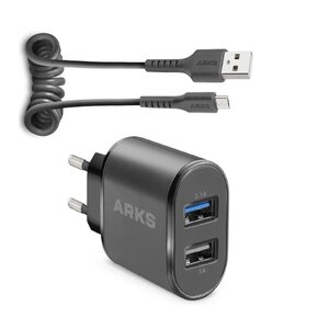 Ładowarka sieciowa ARKS ARTR2USB21AFAST 10W Czarny + Kabel USB - Micro USB ARKS 0.5 m Czarny