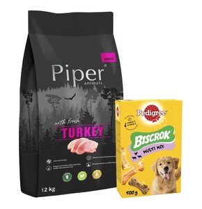 Karma dla psa PIPER Junior z indykiem 12 kg + Przysmak dla psa PEDIGREE Biscrok Multi Wołowina z jagnięciną i kurczakiem 500 g
