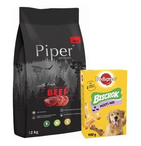 Karma dla psa PIPER Animals z wołowiną 12 kg + Przysmak dla psa PEDIGREE Biscrok Multi Wołowina z jagnięciną i kurczakiem 500 g