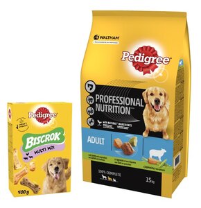 Karma dla psa PEDIGREE Professional Nutrition Adult Jagnięcina 15 kg + Przysmak dla psa PEDIGREE Biscrok Multi Wołowina z jagnięciną i kurczakiem 500 g