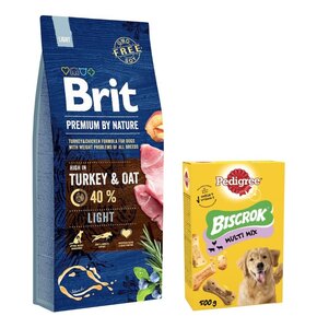 Karma dla psa BRIT Premium By Nature Light Indyk z owsem 15 kg + Przysmak dla psa PEDIGREE Biscrok Multi Wołowina z jagnięciną i kurczakiem 500 g