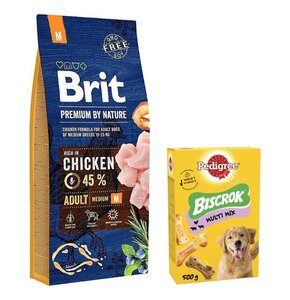 Karma dla psa BRIT Premium By Nature Kurczak 15 kg + Przysmak dla psa PEDIGREE Biscrok Multi Wołowina z jagnięciną i kurczakiem 500 g
