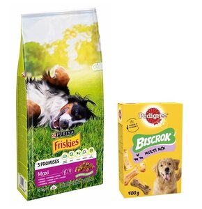 Karma dla psa FRISKIES Maxi Wołowina z warzywami 10 kg + Przysmak dla psa PEDIGREE Biscrok Multi Wołowina z jagnięciną i kurczakiem 500 g