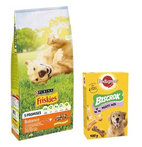 Karma dla psa FRISKIES Balance Kurczakiem z warzywami 15 kg + Przysmak dla psa PEDIGREE Biscrok Multi Wołowina z jagnięciną i kurczakiem 500 g