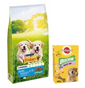 Karma dla psa FRISKIES Junior Vitafit Kurczak z warzywami 15 kg + Przysmak dla psa PEDIGREE Biscrok Multi Wołowina z jagnięciną i kurczakiem 500 g