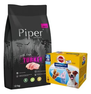 Karma dla psa PIPER Junior z indykiem 12 kg + Przysmak dla psa PEDIGREE Dentastix Daily Oral Care (8 x 110 g)