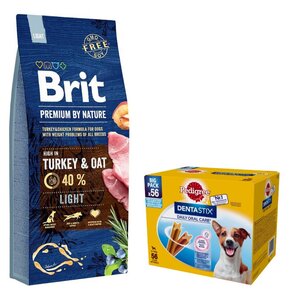 Karma dla psa BRIT Premium By Nature Light Indyk z owsem 15 kg + Przysmak dla psa PEDIGREE Dentastix Daily Oral Care (8 x 110 g)