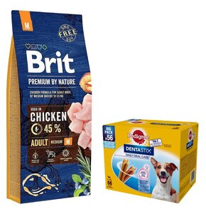 Karma dla psa BRIT Premium By Nature Kurczak 15 kg + Przysmak dla psa PEDIGREE Dentastix Daily Oral Care (8 x 110 g)