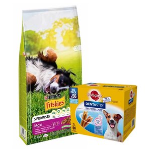 Karma dla psa FRISKIES Maxi Wołowina z warzywami 10 kg + Przysmak dla psa PEDIGREE Dentastix Daily Oral Care (8 x 110 g)