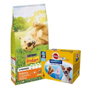 Karma dla psa FRISKIES Balance Kurczakiem z warzywami 15 kg + Przysmak dla psa PEDIGREE Dentastix Daily Oral Care (8 x 110 g)