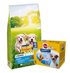 Karma dla psa FRISKIES Junior Vitafit Kurczak z warzywami 15 kg + Przysmak dla psa PEDIGREE Dentastix Daily Oral Care (8 x 110 g)