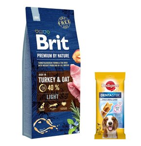 Karma dla psa BRIT Premium By Nature Light Indyk z owsem 15 kg + Przysmak dla psa PEDIGREE Dentastix Medium 180 g