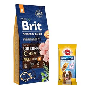 Karma dla psa BRIT Premium By Nature Kurczak 15 kg + Przysmak dla psa PEDIGREE Dentastix Medium 180 g