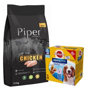 Karma dla psa PIPER Animals z kurczakiem 12 kg + Przysmak dla psa PEDIGREE Dentastix Daily Oral Care (8 x 180 g)