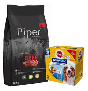 Karma dla psa PIPER Animals z wołowiną 12 kg + Przysmak dla psa PEDIGREE Dentastix Daily Oral Care (8 x 180 g)