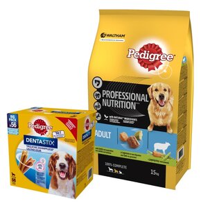 Karma dla psa PEDIGREE Professional Nutrition Adult Jagnięcina 15 kg + Przysmak dla psa PEDIGREE Dentastix Daily Oral Care (8 x 180 g)