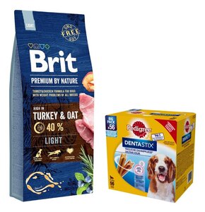 Karma dla psa BRIT Premium By Nature Light Indyk z owsem 15 kg + Przysmak dla psa PEDIGREE Dentastix Daily Oral Care (8 x 180 g)