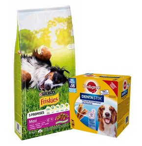Karma dla psa FRISKIES Maxi Wołowina z warzywami 10 kg + Przysmak dla psa PEDIGREE Dentastix Daily Oral Care (8 x 180 g)