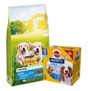 Karma dla psa FRISKIES Junior Vitafit Kurczak z warzywami 15 kg + Przysmak dla psa PEDIGREE Dentastix Daily Oral Care (8 x 180 g)