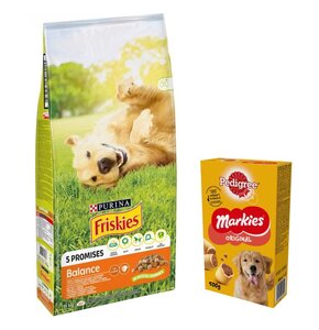 Karma dla psa FRISKIES Balance Kurczakiem z warzywami 15 kg + Przysmak dla psa PEDIGREE Markies 500 g