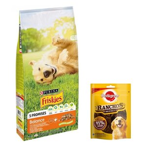 Karma dla psa FRISKIES Balance Kurczakiem z warzywami 15 kg + Przysmak dla psa PEDIGREE Ranchos Originals Kurczak 70 g