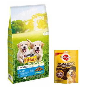 Karma dla psa FRISKIES Junior Vitafit Kurczak z warzywami 15 kg + Przysmak dla psa PEDIGREE Ranchos Originals Kurczak 70 g