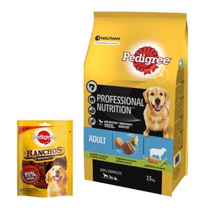 Karma dla psa PEDIGREE Professional Nutrition Adult Jagnięcina 15 kg + Przysmak dla psa PEDIGREE Ranchos Originals Wołowina 70 g