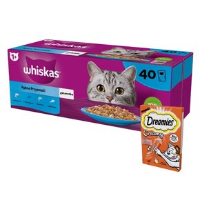 Karma dla kota WHISKAS Rybne Przysmaki (40 x 85 g) + Przysmak dla kota DREAMIES Creamy Kurczak (4 x 10 g)