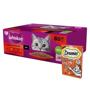 Karma dla kota WHISKAS Mix smaków (80 x 85 g) + Przysmak dla kota DREAMIES Creamy Kurczak (4 x 10 g)