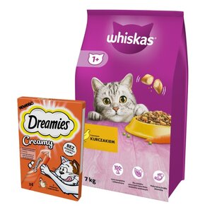 Karma dla kota WHISKAS Kurczak 7 kg + Przysmak dla kota DREAMIES Creamy Kurczak (4 x 10 g)