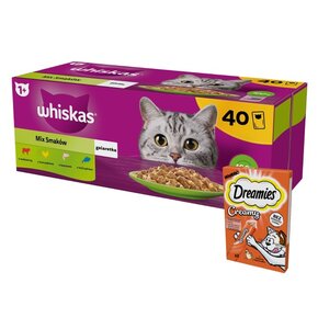 Karma dla kota WHISKAS Mix Smaków (40 x 85 g) + Przysmak dla kota DREAMIES Creamy Kurczak (4 x 10 g)