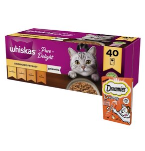 Karma dla kota WHISKAS Drobiowe smaki (40 x 85 g) + Przysmak dla kota DREAMIES Creamy Kurczak (4 x 10 g)