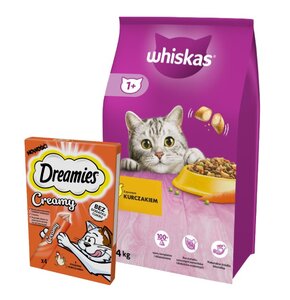 Karma dla kota WHISKAS Kurczak 14 kg + Przysmak dla kota DREAMIES Creamy Kurczak (4 x 10 g)