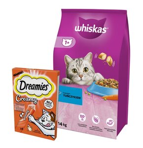 Karma dla kota WHISKAS Tuńczyk z warzywami 14 kg + Przysmak dla kota DREAMIES Creamy Kurczak (4 x 10 g)