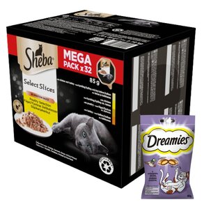 Karma dla kota SHEBA Select Slices Drobiowe smaki (32 x 85 g) + Przysmak dla kota DREAMIES Kaczka 60 g