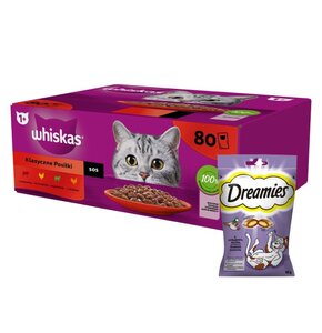 Karma dla kota WHISKAS Mix smaków (80 x 85 g) + Przysmak dla kota DREAMIES Kaczka 60 g