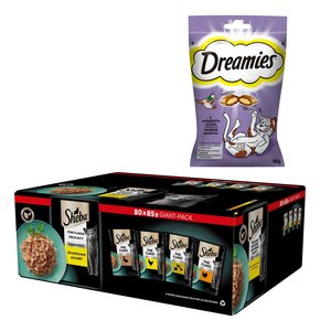 Karma dla kota SHEBA Drobiowe smaki (80 x 85 g) + Przysmak dla kota DREAMIES Kaczka 60 g