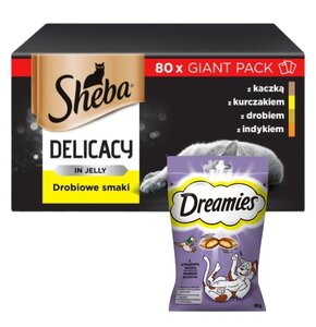 Karma dla kota SHEBA Drobiowe smaki (80 x 85 g) + Przysmak dla kota DREAMIES Kaczka 60 g